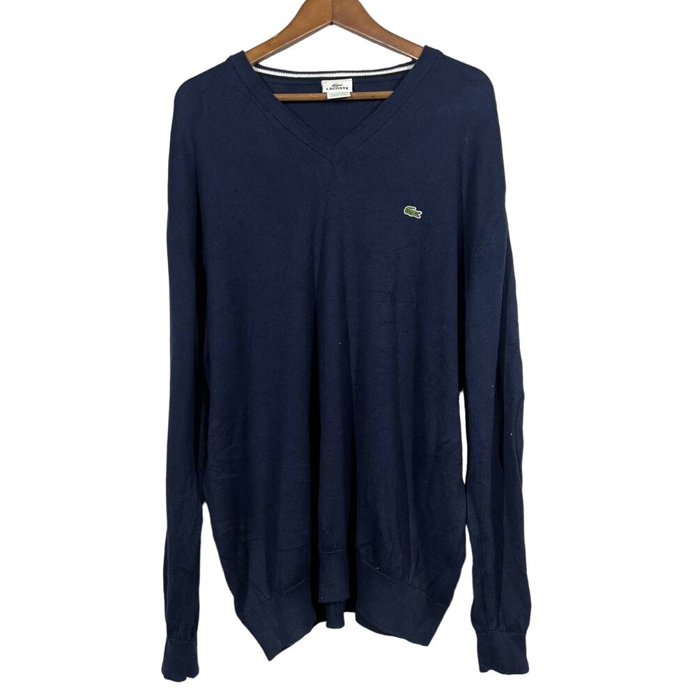 Vintage 90s LaCoste V Neck Knit Top Pullover Sweater Alligator Logo - 7 / L